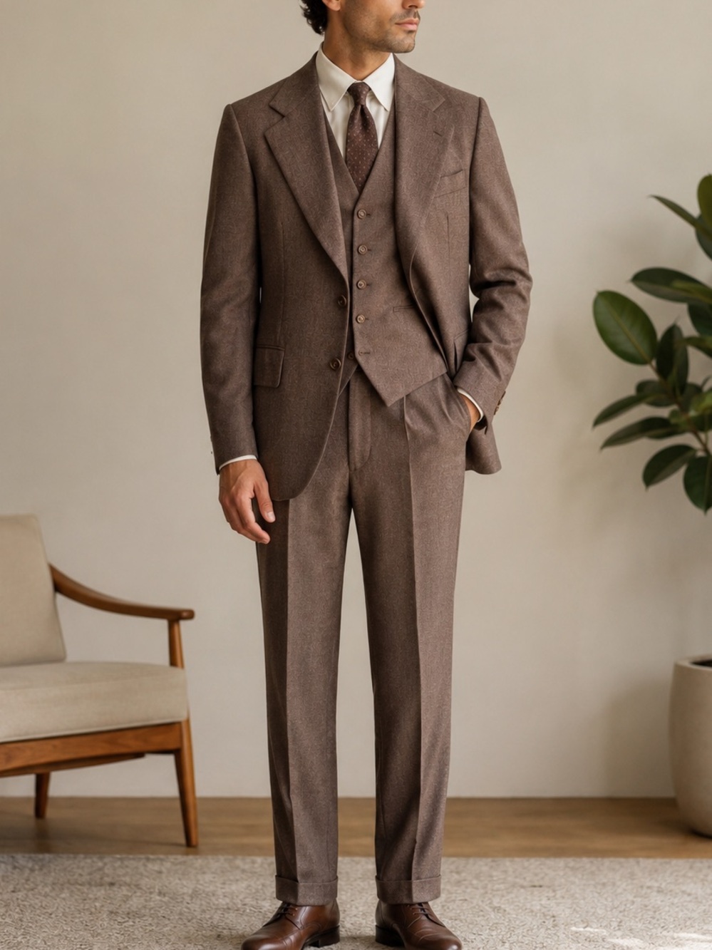Vintage 70s Eaton Brown Wool 3 Piece Suit Mens 38R 32x29.5 Blazer Vest Trousers